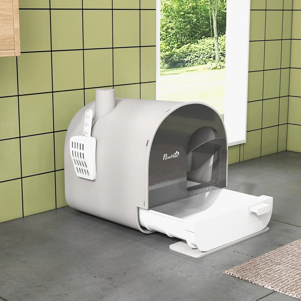 PawHut Kuweta z pokrywą, łopatką, matą na żwirek, plastik, szara/czarna | Aosom PL