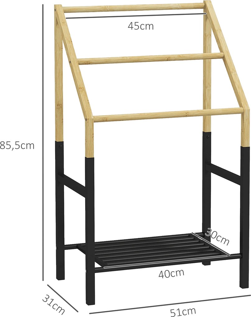 HOMCOM Uchwyt na Ręczniki, Wolnostojący, 3 Pręty, 51x31x85,5cm, Czarny/Drewno naturalne