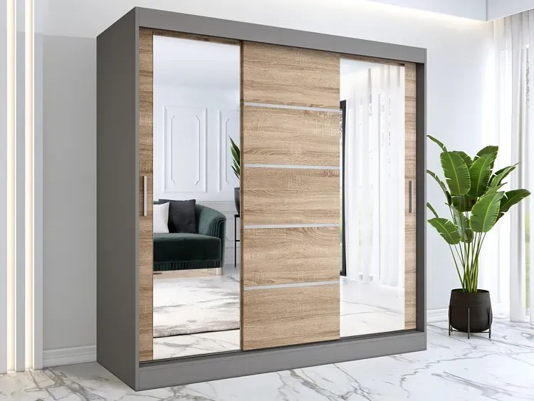 Szafa przesuwna 200 cm antracyt + dąb sonoma - Ebia 6X