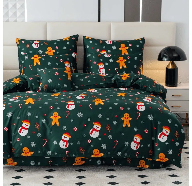 PrzytulneMieszkanie.pl PrzytulneMieszkanie.pl Prześcieradła z mikrofibry SNOWMAN AND GINGERBREAD w kolorze zielonym Rozmiar pościeli: 70 x 90 cm | 140 x 220 cm