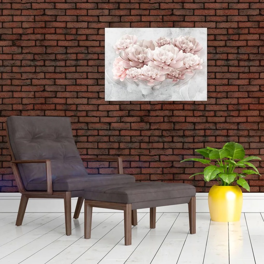 Obraz - Różowe kwiaty na ścianie (70x50 cm)