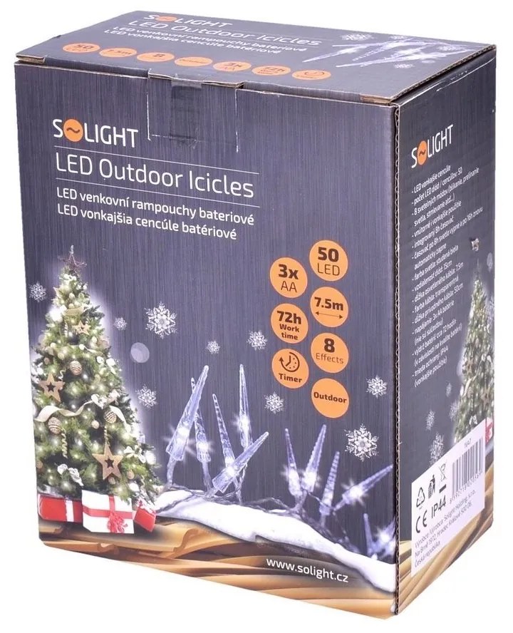 Solight Łańcuch świetlny zewnętrzny z 50 LED sople akrylatowe, 7,5 m