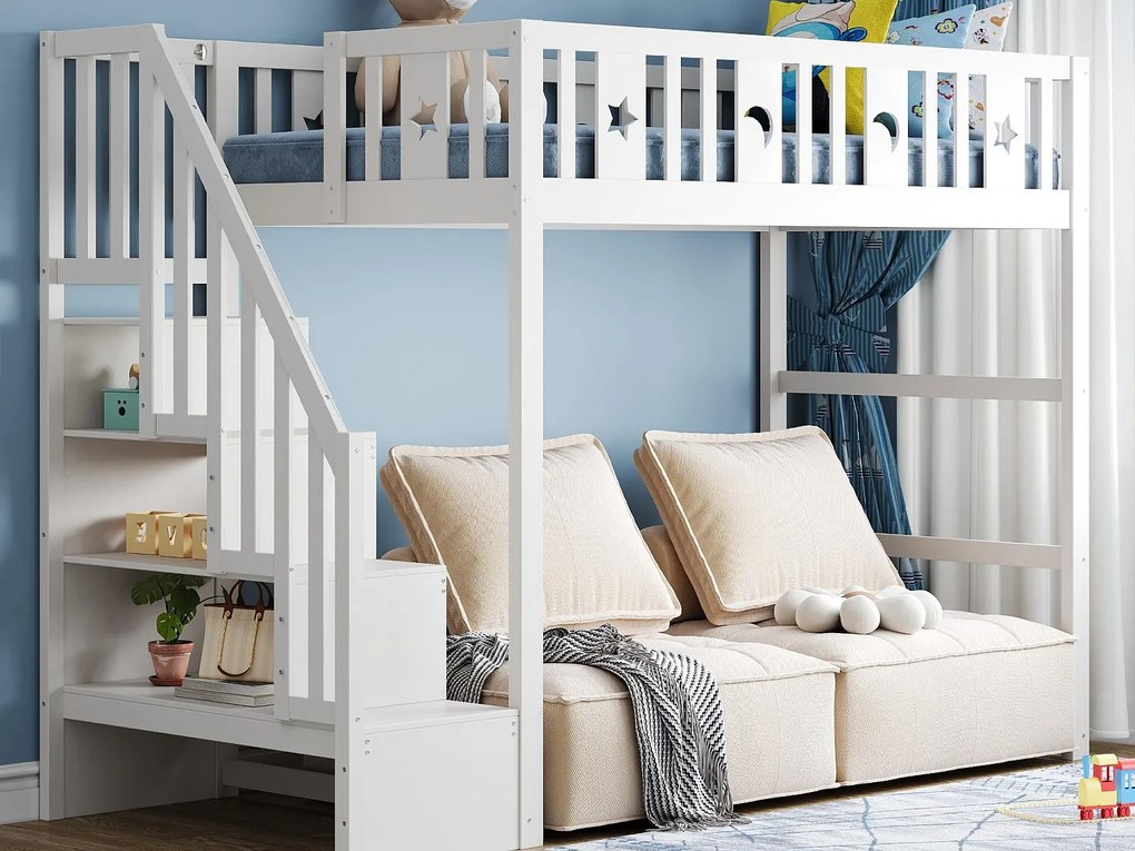 Łóżko piętrowe dziecięce 90x200cm - Z drabinką - Z barierkami bezpieczeństwa - Z komorą do przechowywania - Białe (materac nie wliczony)