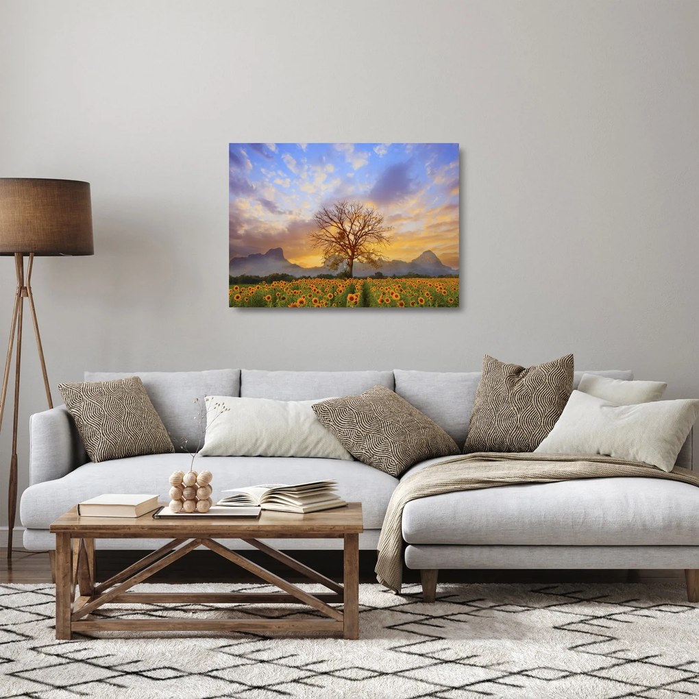 Obraz na szkle - Pejzaż ze słonecznikami (70x50 cm)