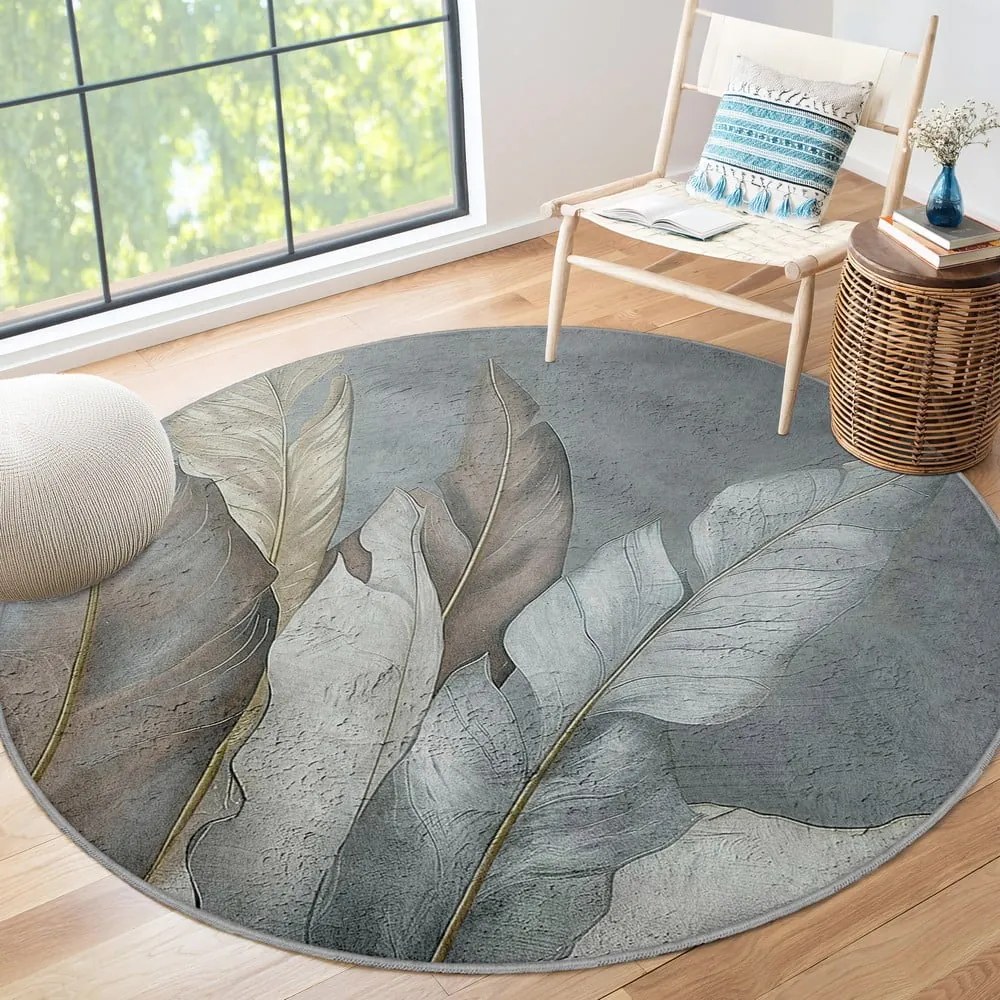 Zielono-szary okrągły dywan odpowiedni do prania ø 120 cm Dusty Leaves – Mila Home