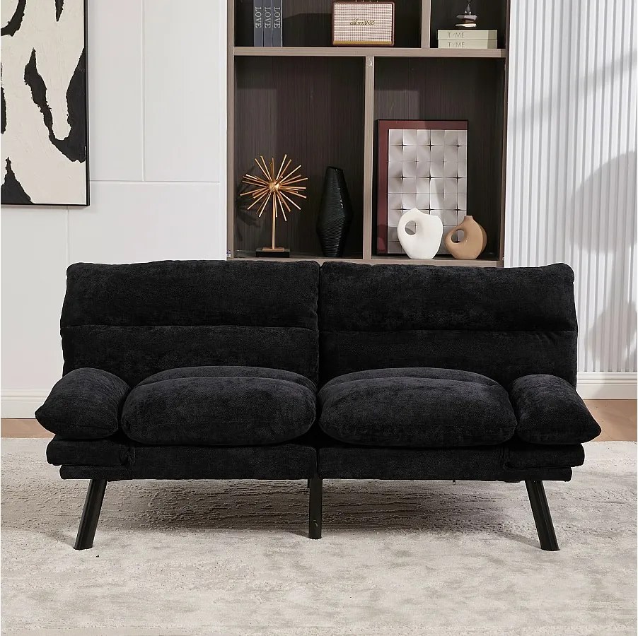 Sofa 2-osobowa z regulowanym oparciem i podłokietnikami, metalowe nogi - czarny szenil