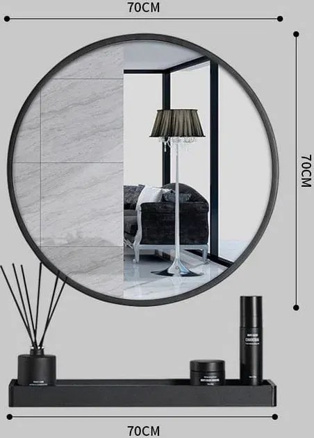 Czarne lustro łazienkowe 70 cm średnicy z półką - Traves