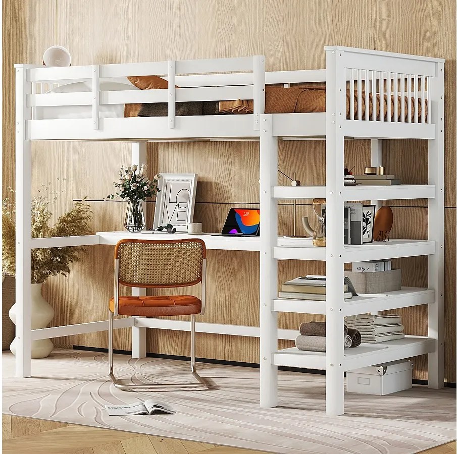 Łóżko piętrowe 90 x 200 cm z biurkiem i półkami do przechowywania - Drewno sosnowe + MDF - Białe