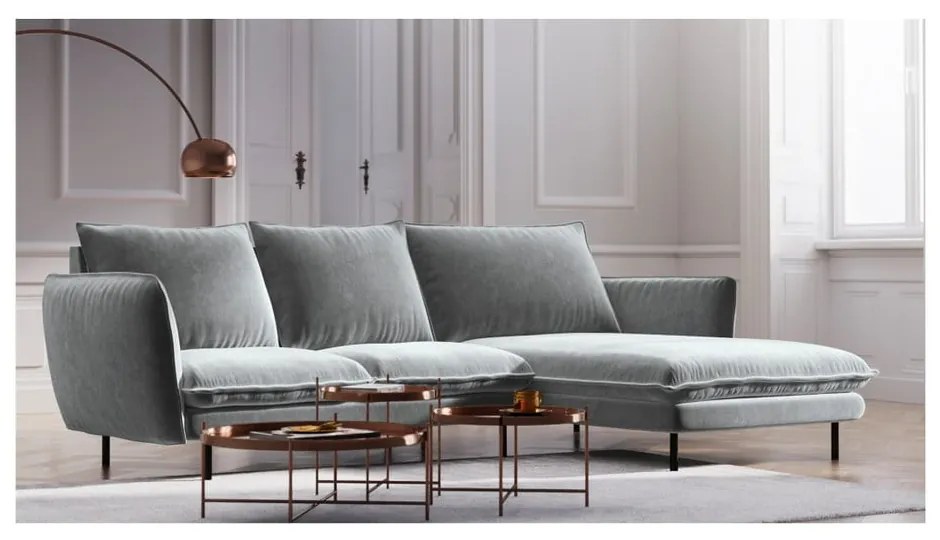 Jasnoszara narożna aksamitna sofa prawostronna Cosmopolitan Design Vienna