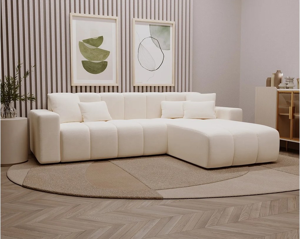 Emporius Miral narożnik w kształcie L - sofa do salonu bez funkcji spania i bez pojemnika - nowoczesny styl, prawostronny, tkanina aksamitna, kremowy (Komodo 10)