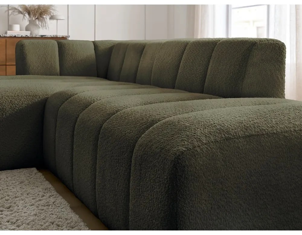 Zielony narożnik z materiału bouclé (lewostronny/z szezlongiem) Annecy – Bobochic Paris