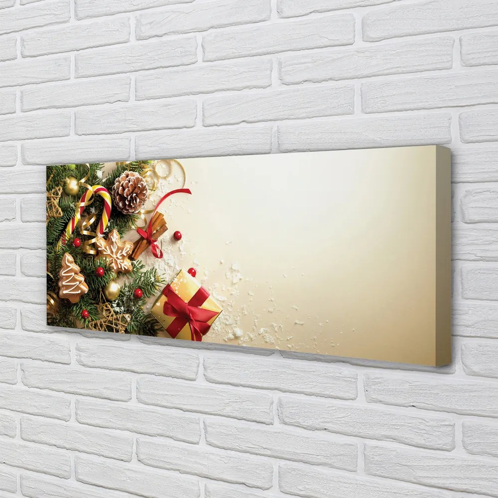 Obraz na płótnie Świąteczny Stół: Gałązki, Prezenty, Szyszki i Pierniki