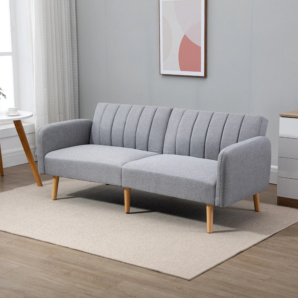 HOMCOM Sofa do spania, dwuosobowa sofa materiałowa, z funkcją spania, polyester stylizowany na len, drewno kauczukowe, 173 x 75 x 73 cm, szara