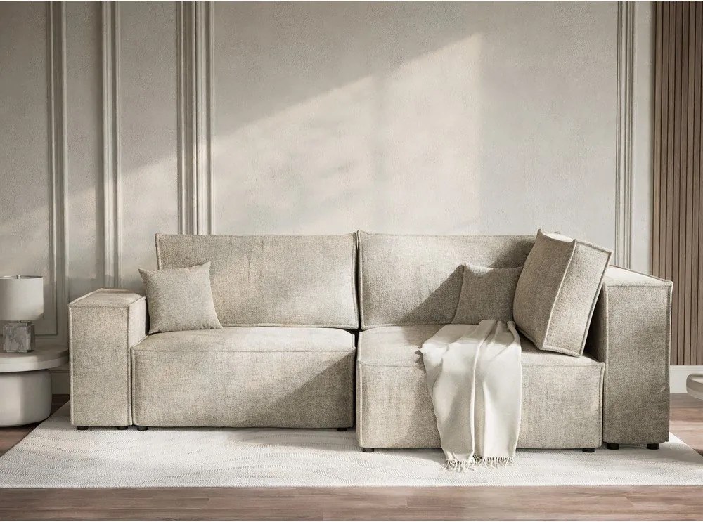 Beżowy rozkładany/ze schowkiem narożnik z tkaniny szenilowej (prawostronny/w kształcie litery L) Tonga – Maison de Rêve