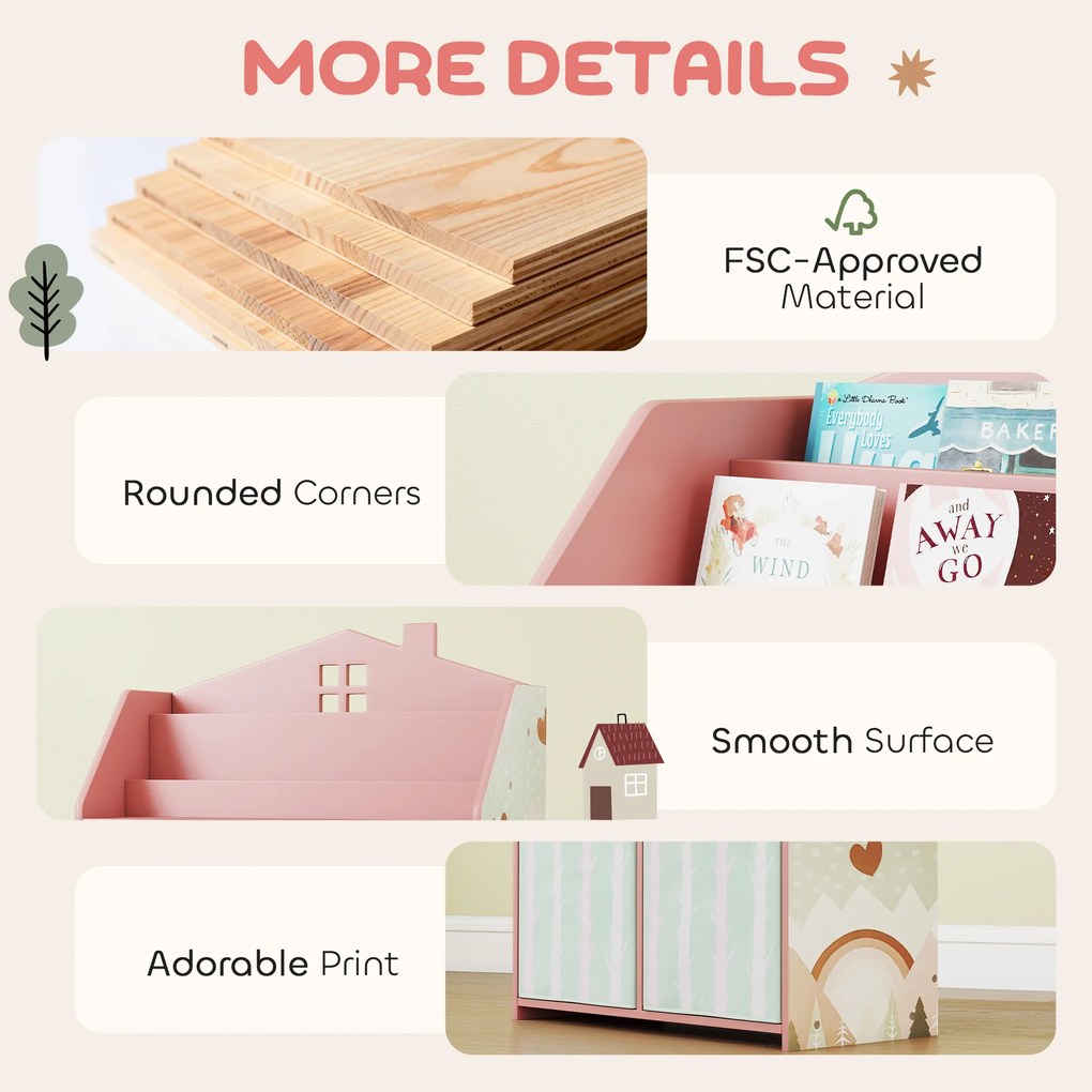 AIYAPLAY Regał dziecięcy na książki i zabawki z 2 materiałowymi szufladami, dla dzieci 3-8 lat, różowy, 62,5x30x91,5 cm | Aosom PL