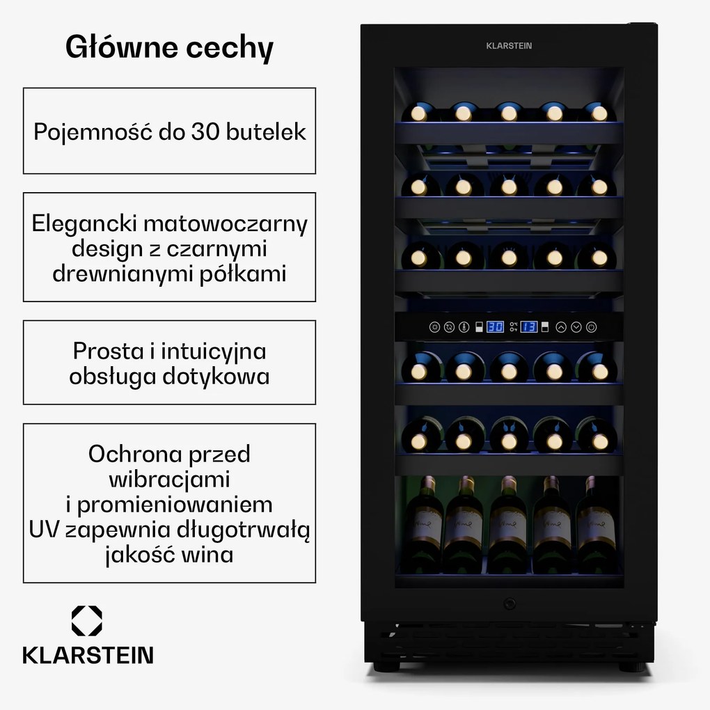 Klarstein Vinesse 38cm 30 Butelek Winiarka Podblatowa 2 Strefy Czarny