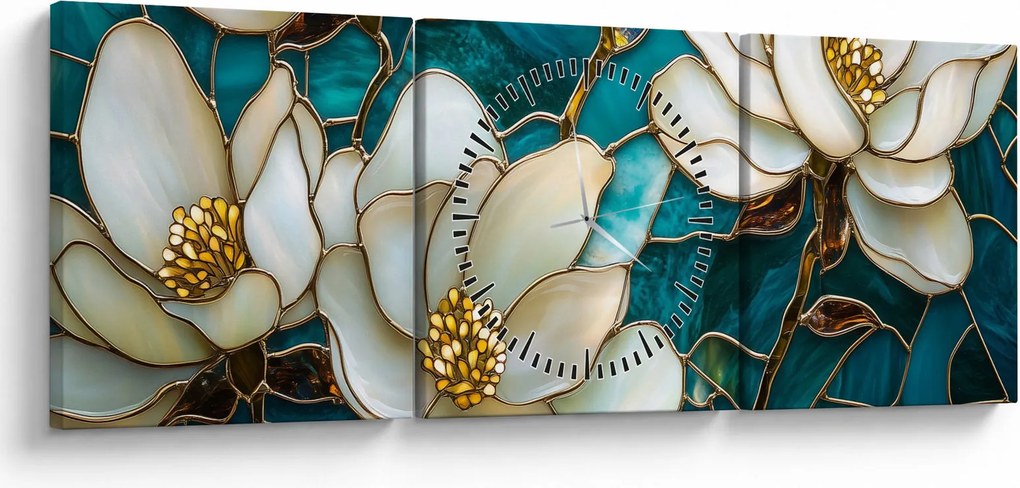 Obraz - Witraż z magnolią (z zegarem) (90x30 cm)