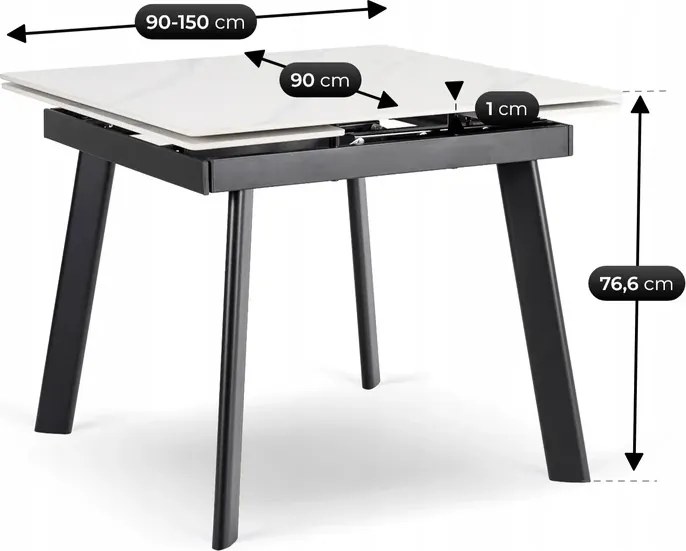 Stół Rozkładany Kwadratowy LARES 90-150 cm Ceramiczny Biały Marmur/Czarny Skandynawski