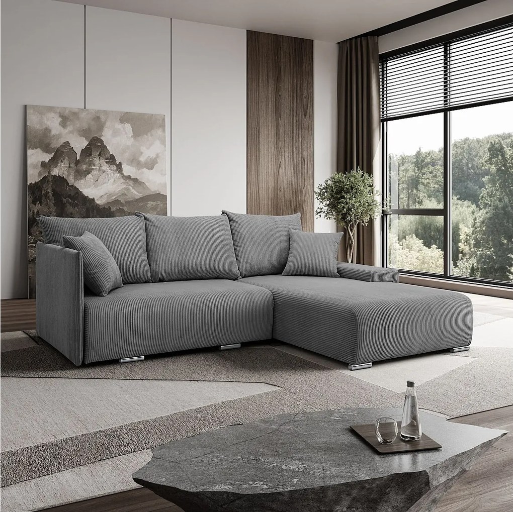 Narożnik, Sofa w kształcie L, tkanina sztruksowa Poso, Szary, Prawy, Livorno L