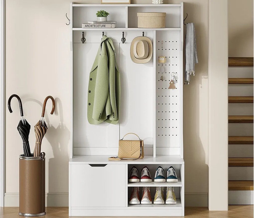 Nowoczesna szafa na przedpokoju 100x40x185.4cm - z 6 hakami i 1 drzwiami - z 4 otwartymi półkami - Biały