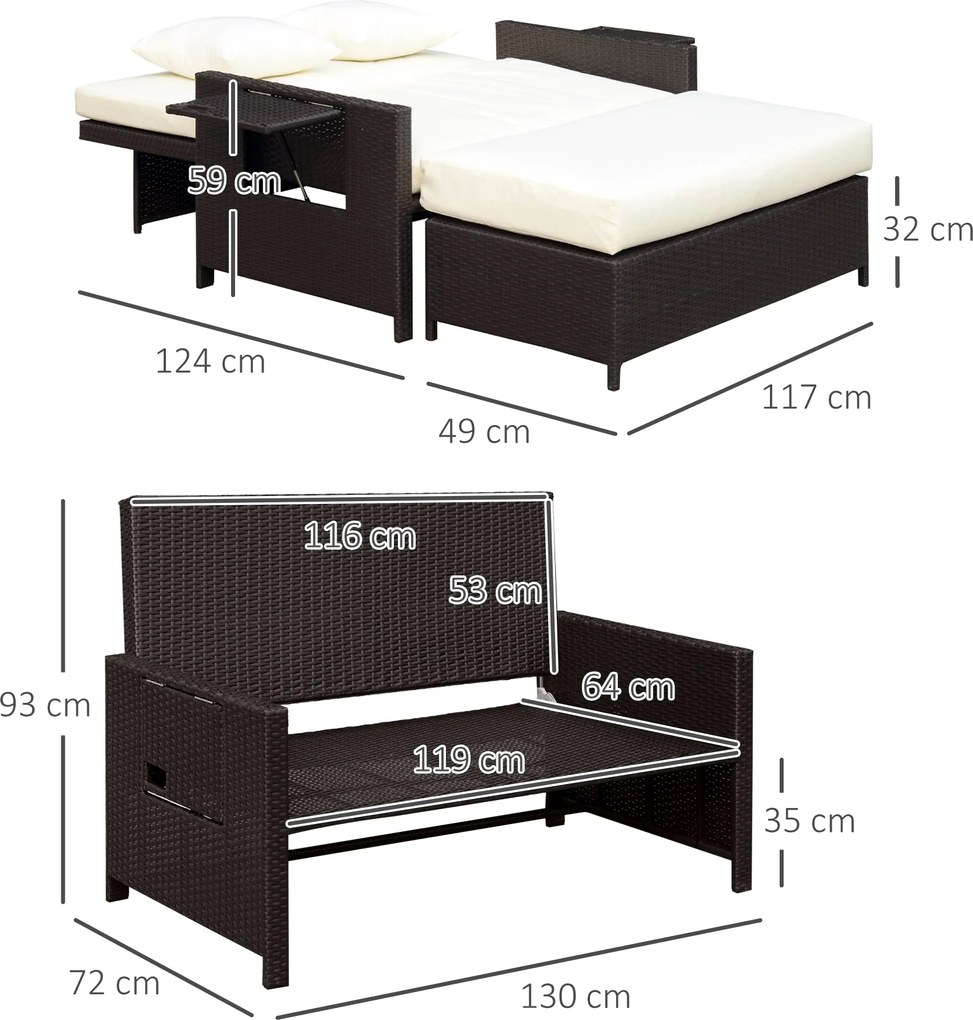 Outsunny Sofa ogrodowa z technorattanu Funkcja leżanki 2osobowa Podnóżek Brązowa z poduszkami | Aosom PL