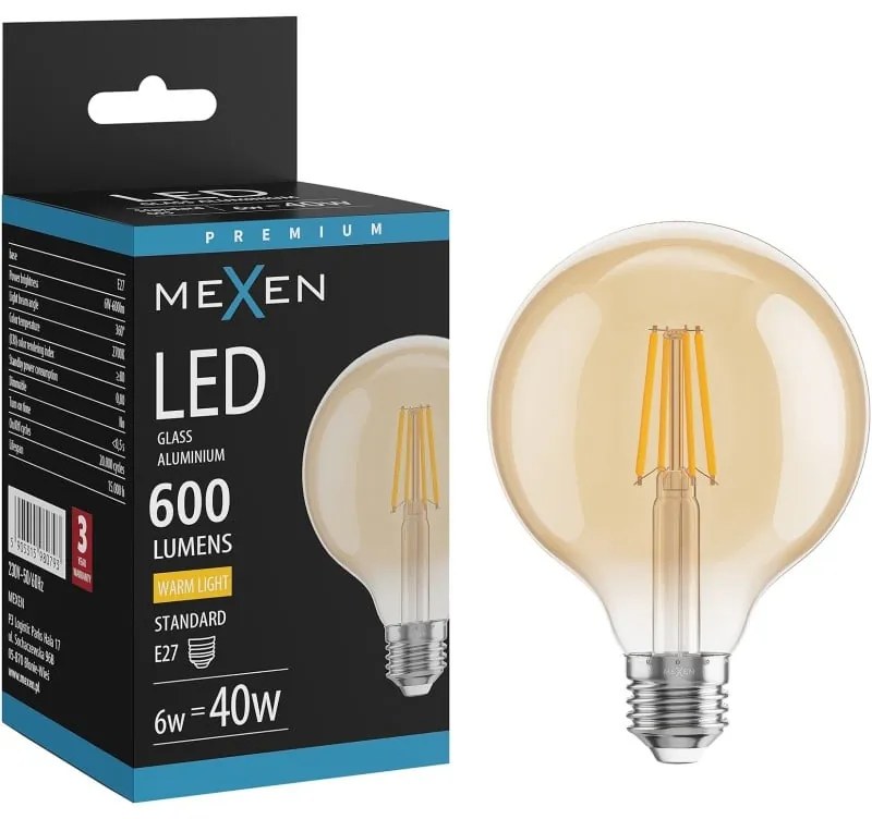 Mexen Vintis żarówka filament LED E27, G95, 6W, Ciepła - 2700K, 600 lm, amber - L157-E27-0627-50