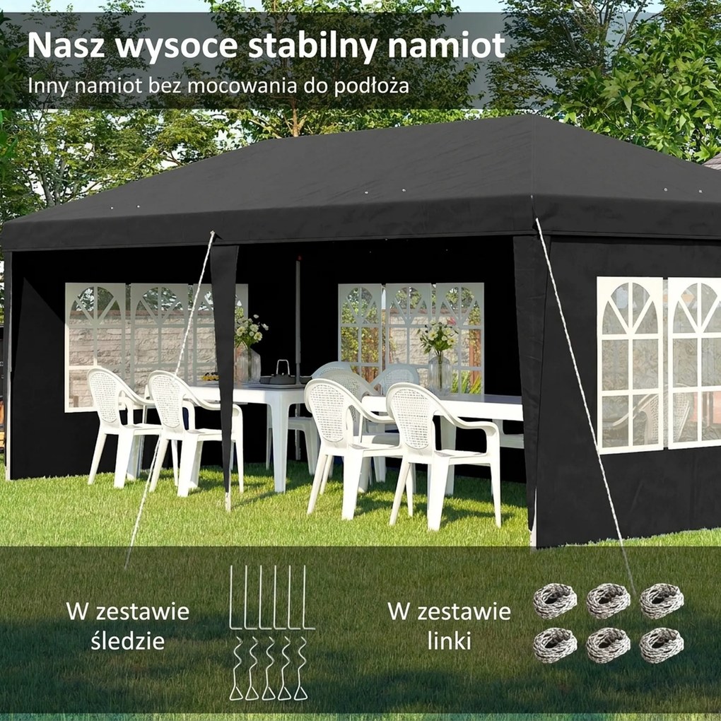 Outsunny Pawilon 3x6m wodoodporny składany z 4 ścianami, okna, UV, torba, czarny | Aosom PL