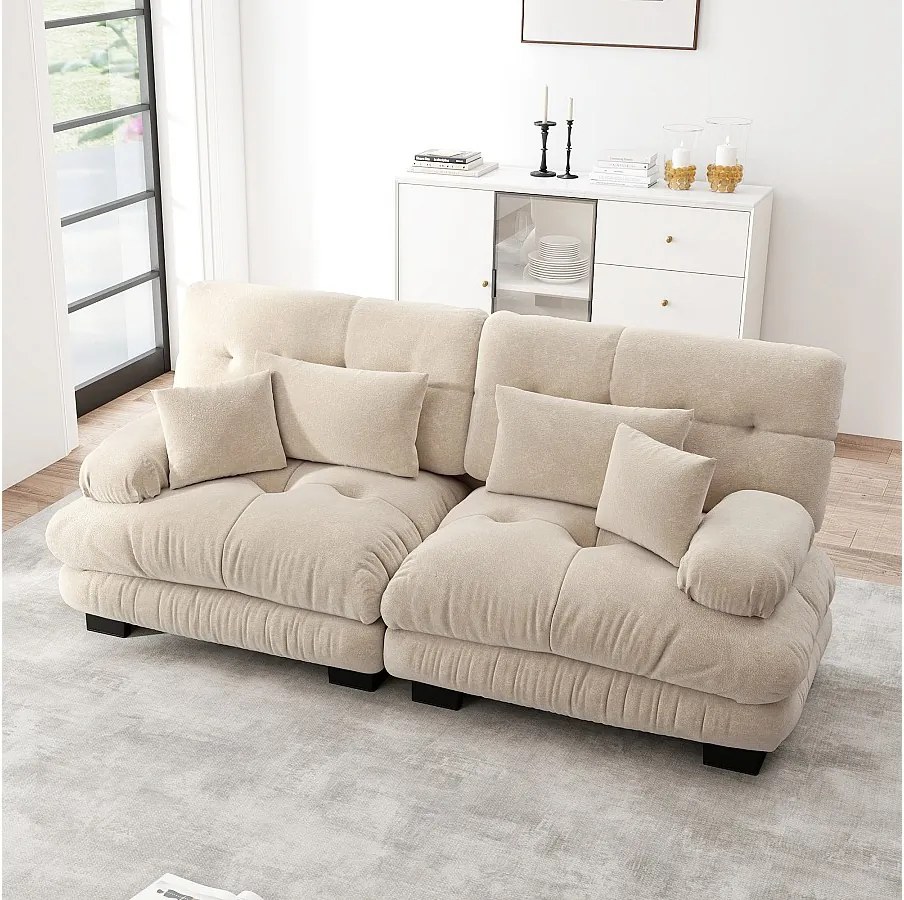 Beżowa sofa 2-osobowa – sofa prosta z 2 poduszkami lędźwiowymi i 2 poduszkami dekoracyjnymi – szenil