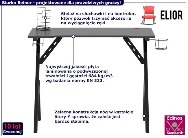 Czarne biurko gamingowe z metalowym stelażem - Beiner