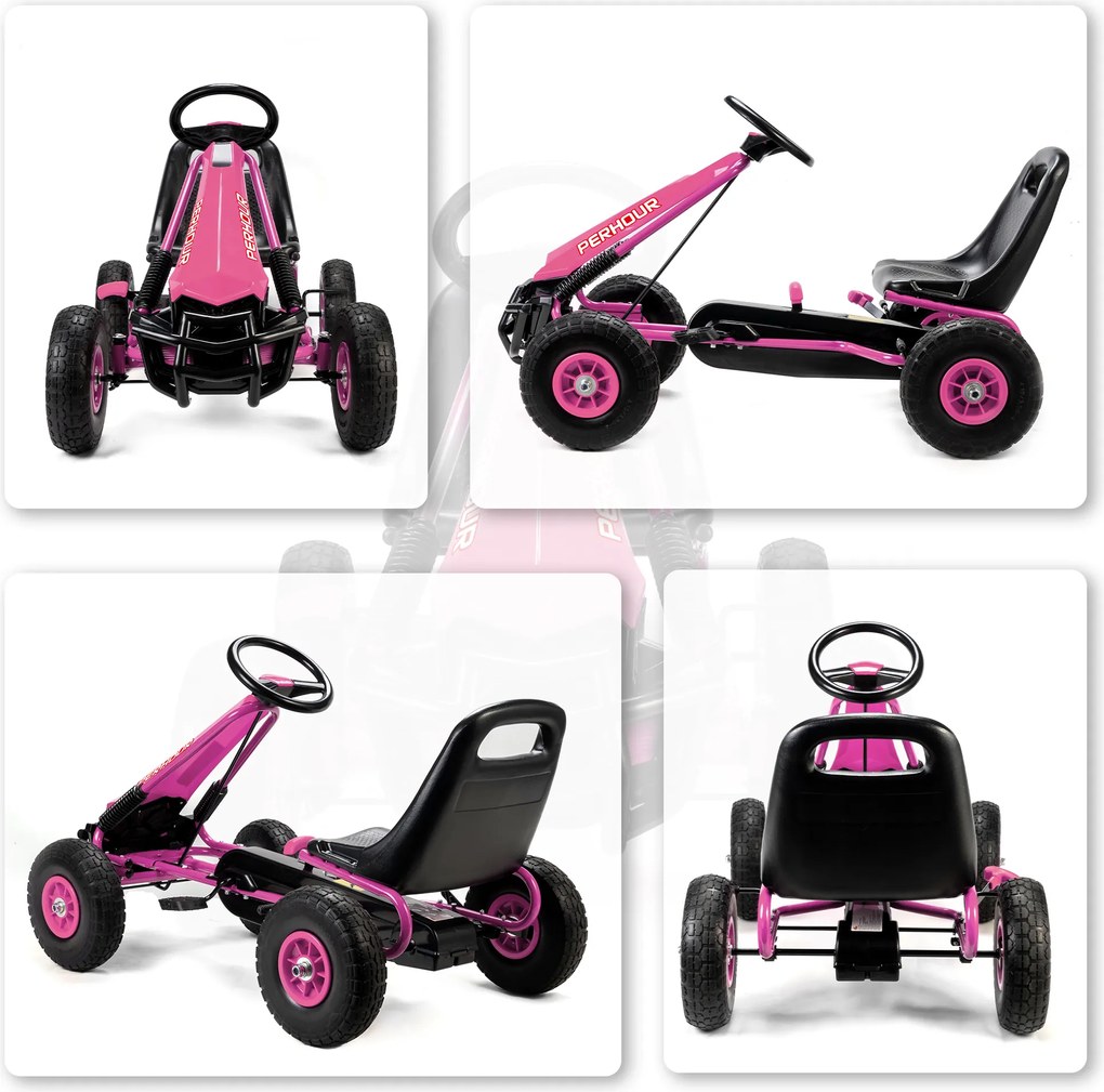 AIYAPLAY Gokart na pedały dla dzieci, regulowane siedzisko, opony EVA, hamulec, sprzęgło, 3-8 lat, różowy
