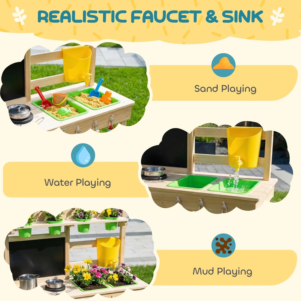 AIYAPLAY Kuchnia błotna dla dzieci na zewnątrz, drewniana kuchnia zabawkowa ze zlewem, kuchenką, doniczkami, tablicą dla 3-6 lat 77x32x95 cm drewno naturalne | Aosom PL