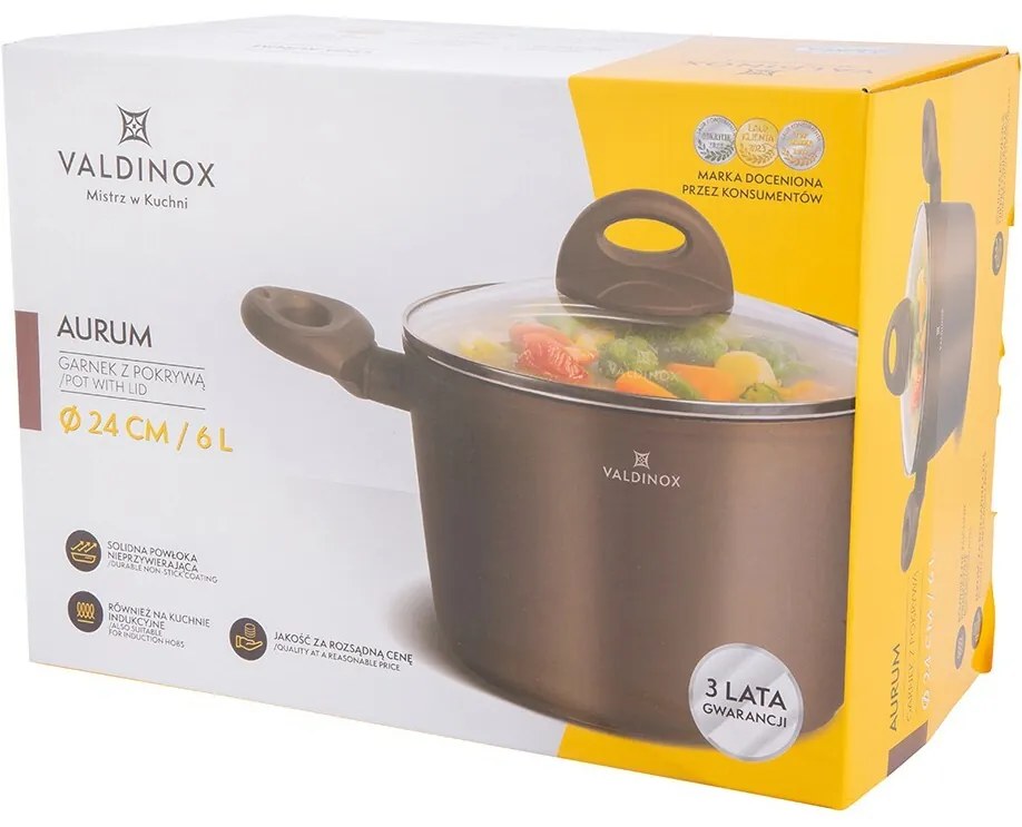 Valdinox Aurum Garnek z powłoką nieprzywierającą i pokrywką, 24 cm, 6 l