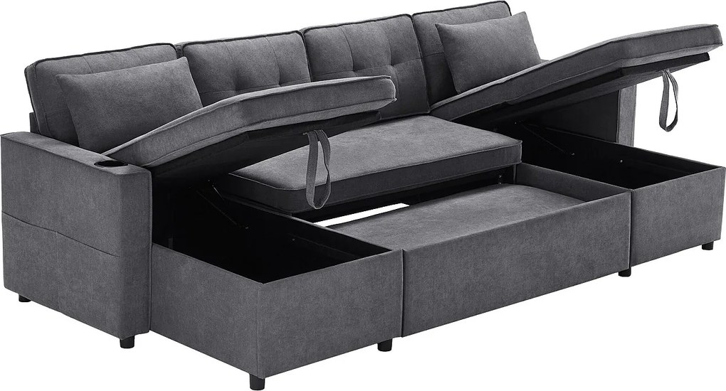 Kanapa w kształcie U 270x130x86cm - Kanapa tapicerowana - Tkanina bawełniana i lniana - Z uchwytem na kubek - Dwie komory do przechowywania - Szary