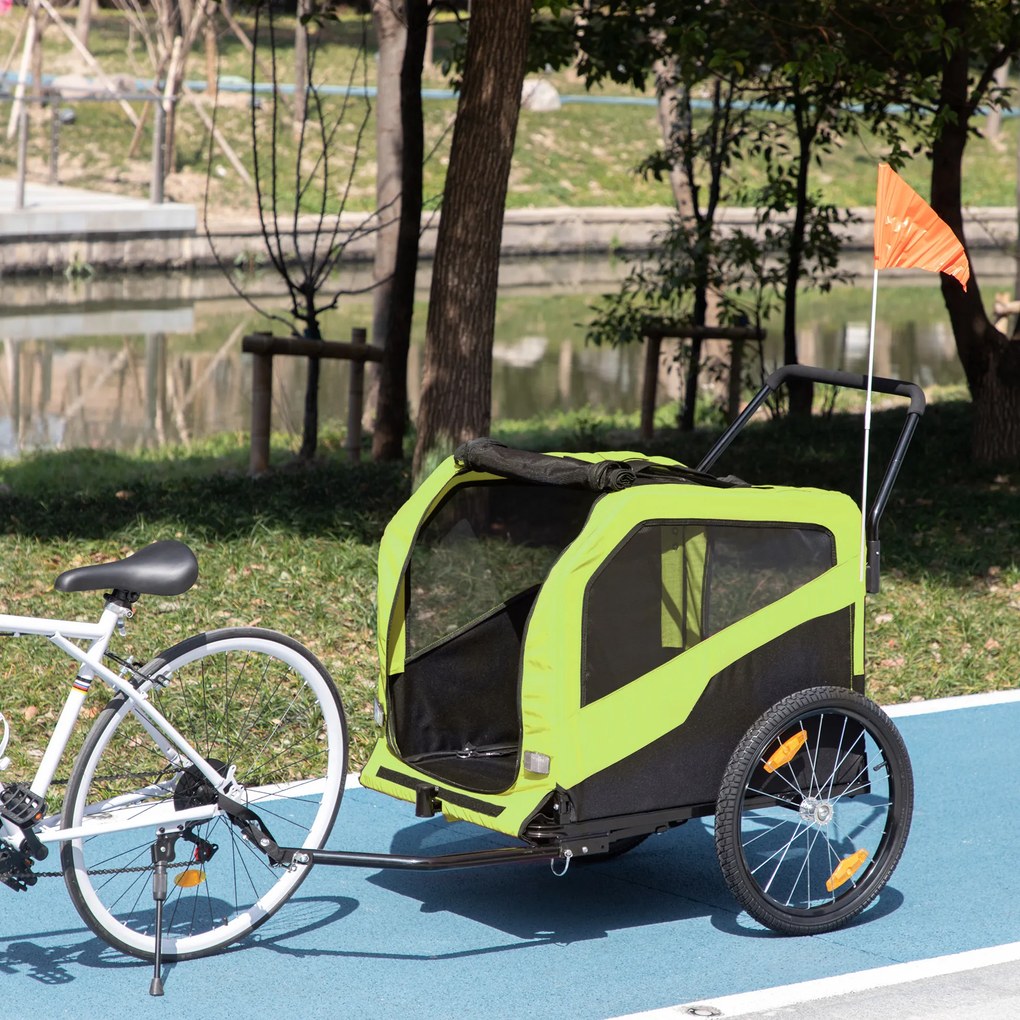 PawHut 2w1 Przyczepa dla psów, funkcja przekształcania, 2 wejścia, okna z siatki, osłona przeciwsłoneczna, rama ze stali, zielona, 170 x 77 x 90 cm