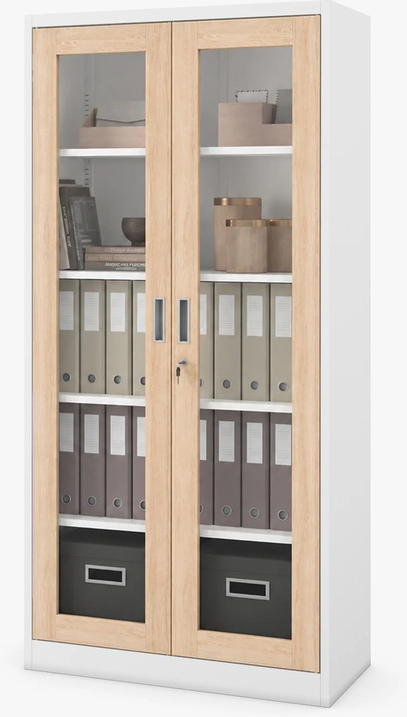 Witryna przeszklona metalowa wysoka z zamkiem biała/dąb sonoma, 900x1850x400 mm: AMELIA Eco Design