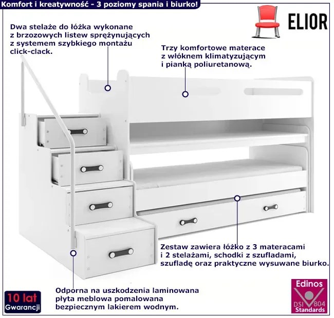 Białe piętrowe łóżko z wysuwanym biurkiem T7-C68