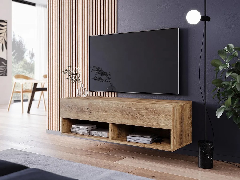 Nowoczesna szafka RTV 100 cm z LED – bezuchwytowa, kasztan, stojąca lub wisząca