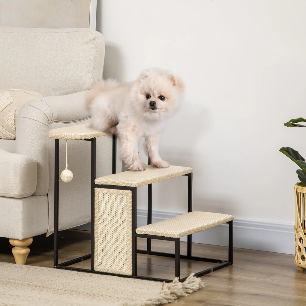 PawHut Schodki dla Kota z Drapakiem, 3 Stopnie, Kula do Zabawy, Solidne, Stal+Sizal, Kremowy+Czarny, 51 x 54 x 53cm