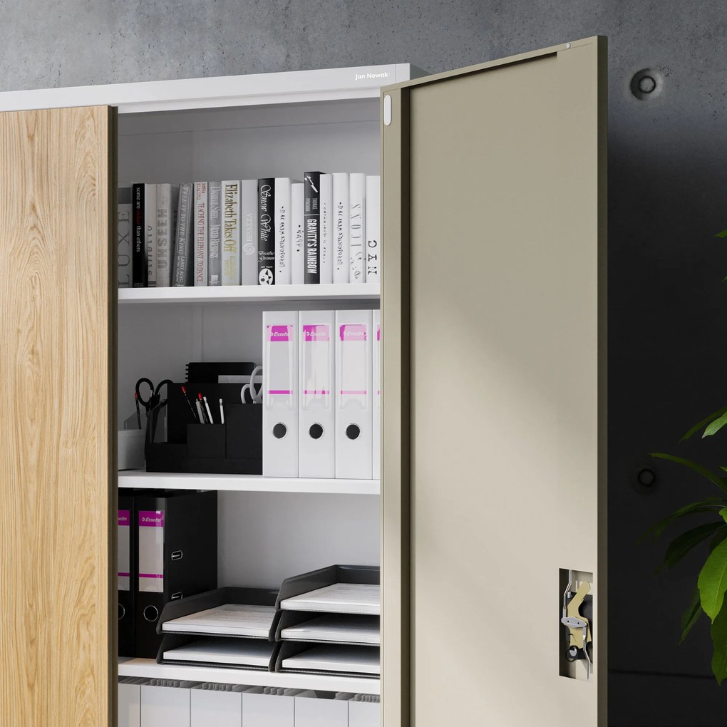 Szafa biurowa metalowa na dokumenty JAN II, Eco Design: biała/dąb sonoma