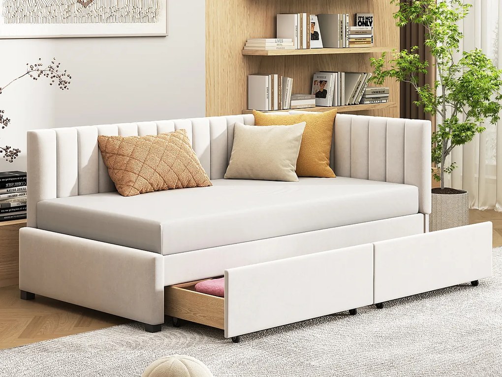Łóżko tapicerowane 90 x 200 cm - Sofa z funkcją spania z 2 szufladami - Aksamit - Beż
