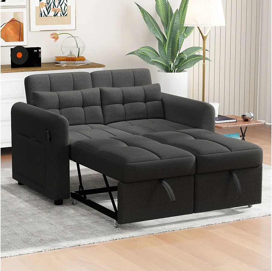 Sofa 2-osobowa rozkładana w tkaninie lnianej z regulowanym oparciem i portem USB, rozkładana sofa - 142 x 85 x 83 cm - Funkcja spania - Szara