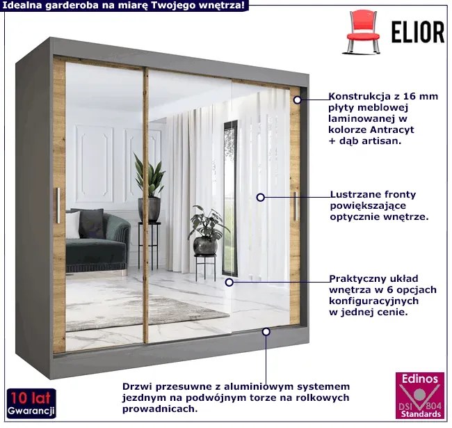 Szafa przesuwna z lustrem antracyt + dąb artisan 200 cm - Kukkin 6X