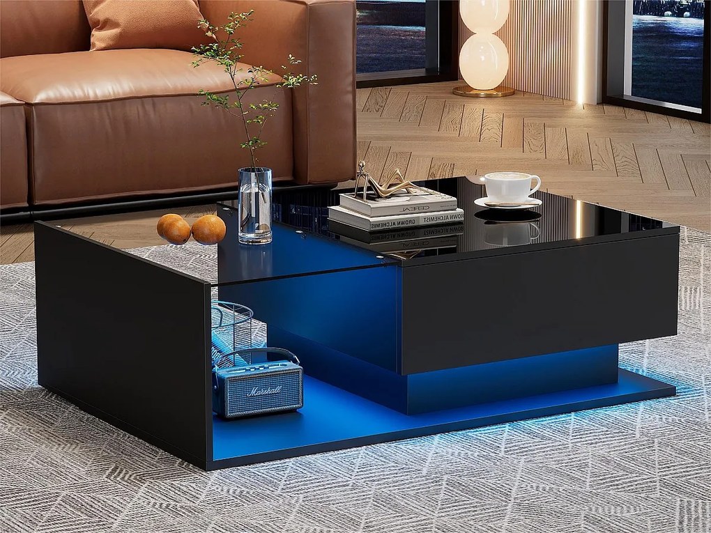 Stolik kawowy z oświetleniem LED - z szklanym blatem i szufladami - Czarny