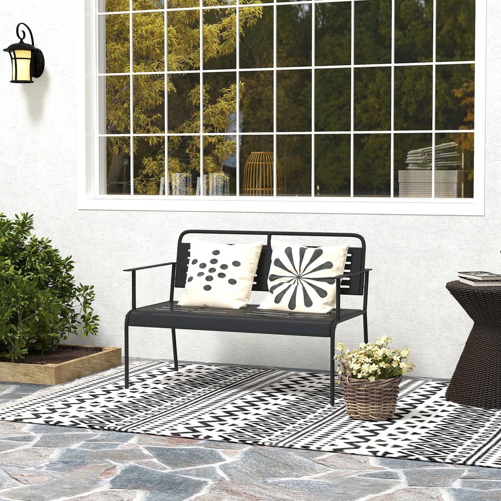 Outsunny Ławka Ogrodowa 2-osobowa, Odporna na Wodę z Oparciem i Podłokietnikami 121 x 64 x 84cm, Czarna