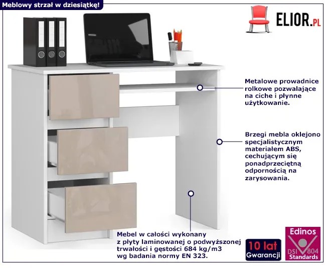 Minimalistyczne biurko z półkami białe + cappuccino połysk - Miren 5X