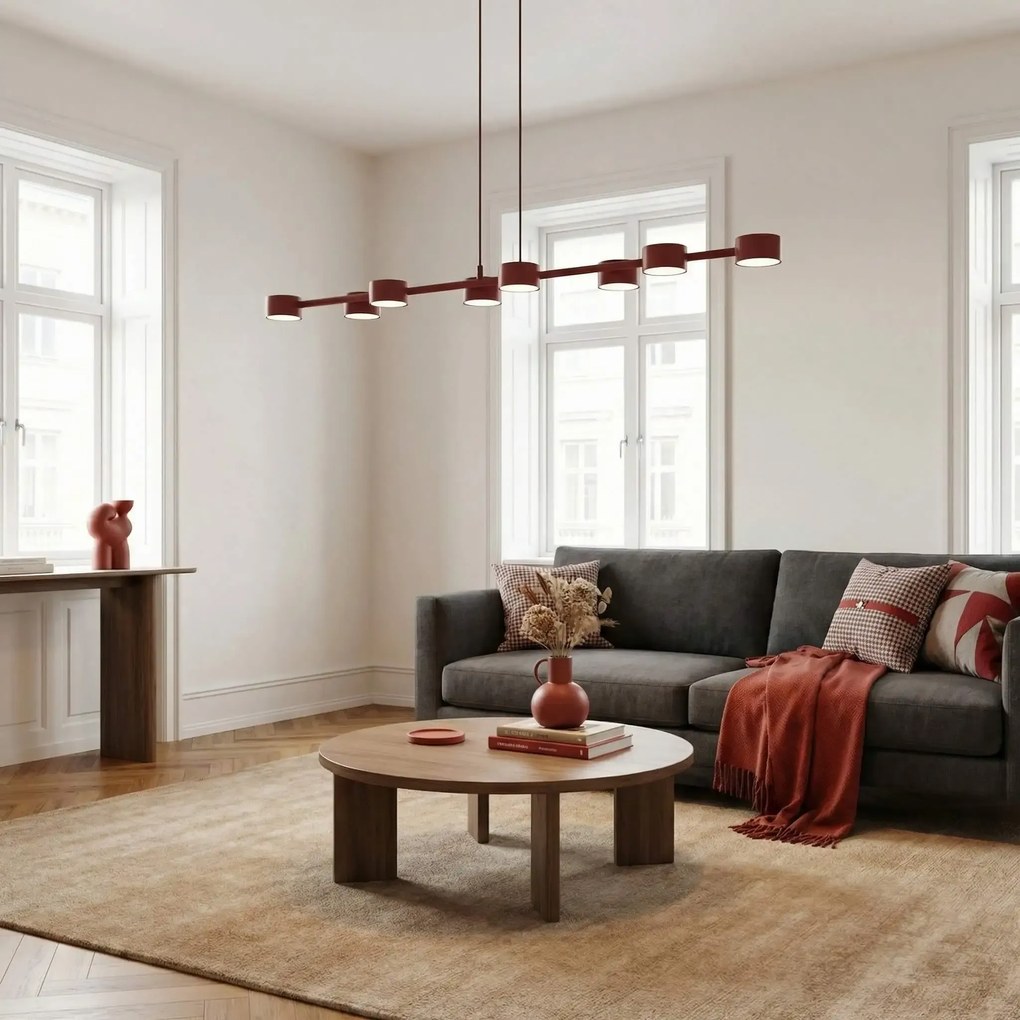 Lampa wisząca podłużna Megara 8 Burgund do nowoczesnego salonu 8 kloszy