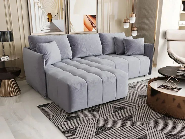 Błękitna welurowa sofa w kształcie litery L M7-M49