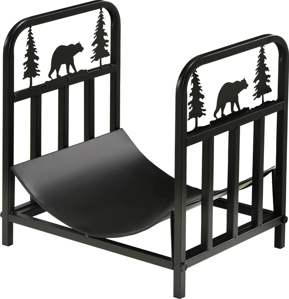 Outsunny Regał na Drewno, Sceneria z Drzewem i Niedźwiedziem, Metalowa Konstrukcja, Podniesiona Płaszczyzna, 42x33,5x43 cm, Czarny