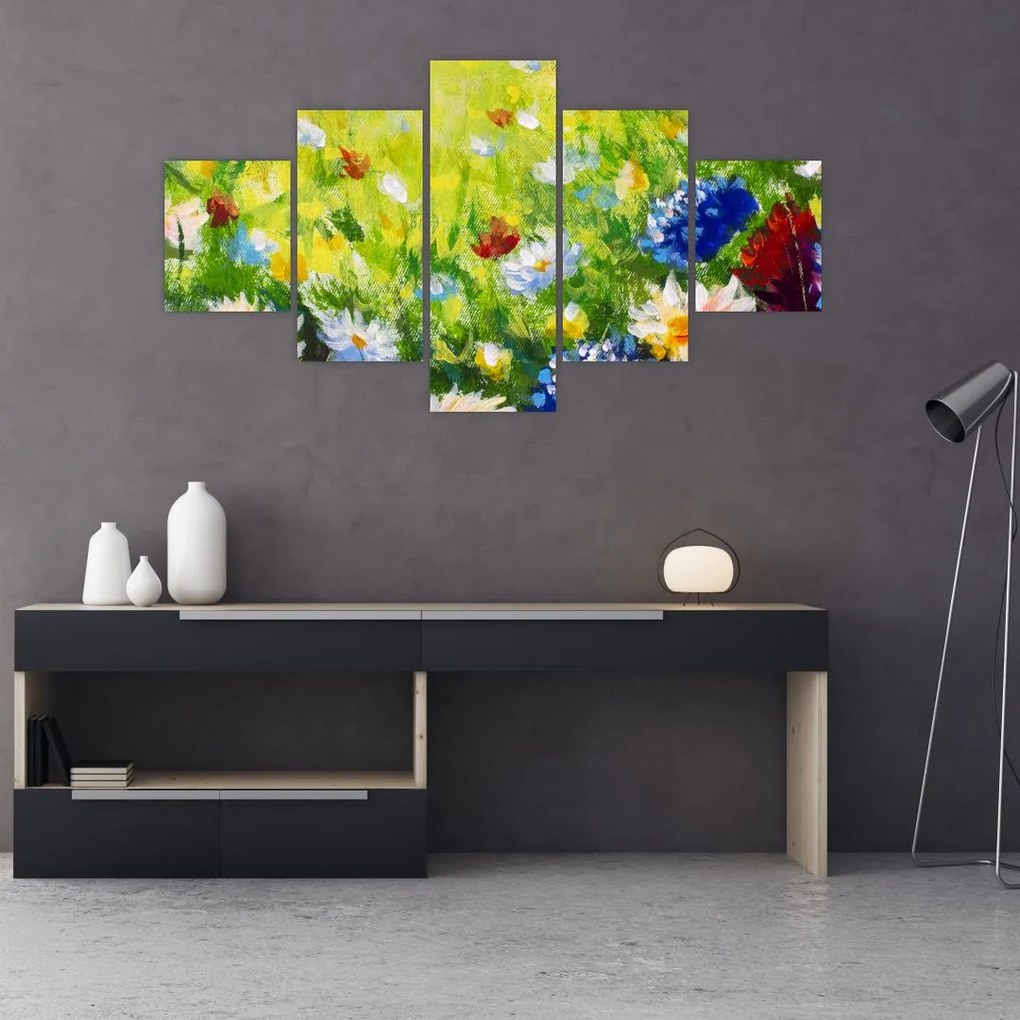 Obraz kwitnącej łąki, obraz olejny (125x70 cm)