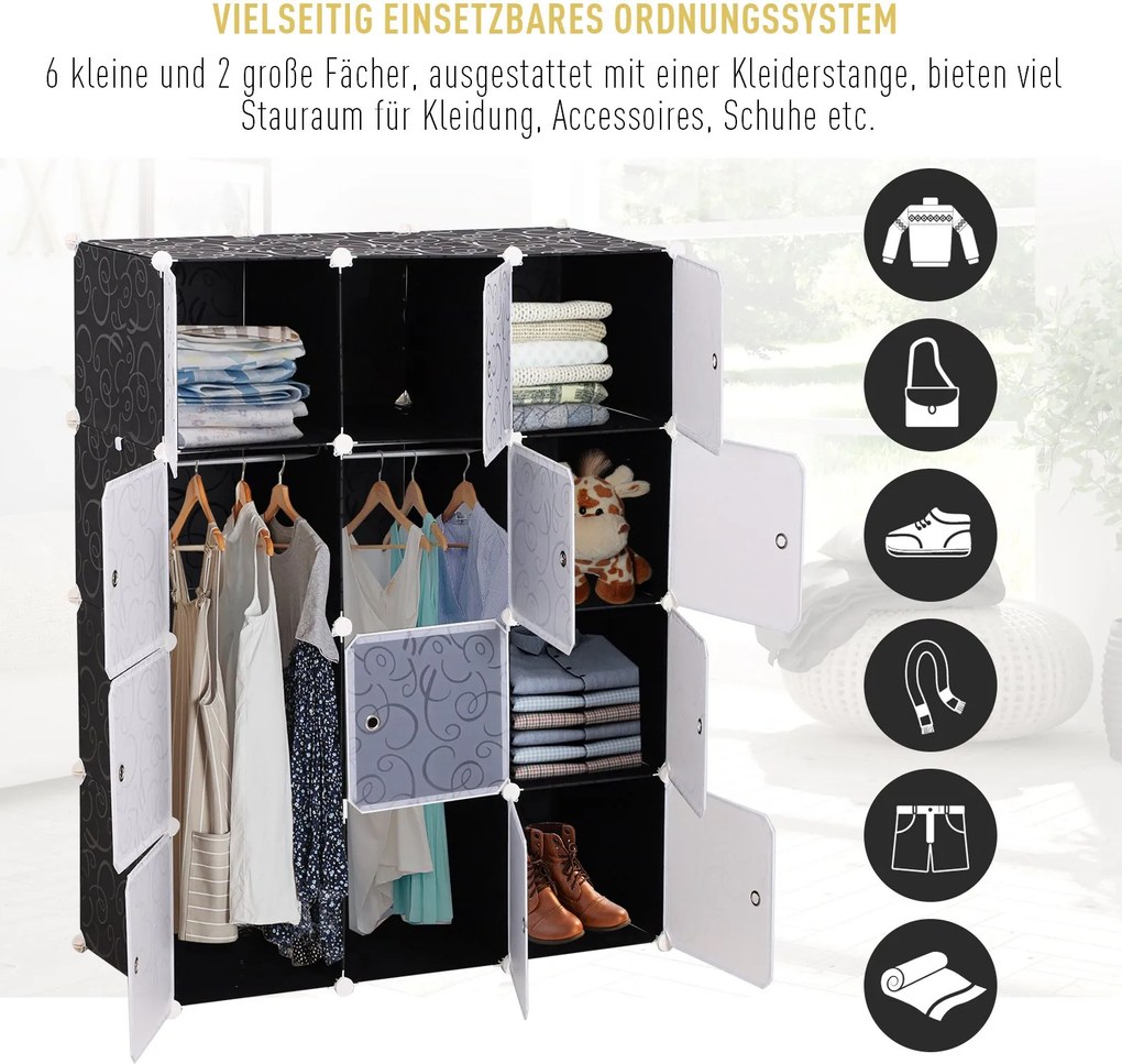 Homcom Szafa na Ubrania Garderoba Półki Wieszak 2+6 Kostek PP Czarny Biały Praktyczna 111x47x145cm | Aosom PL